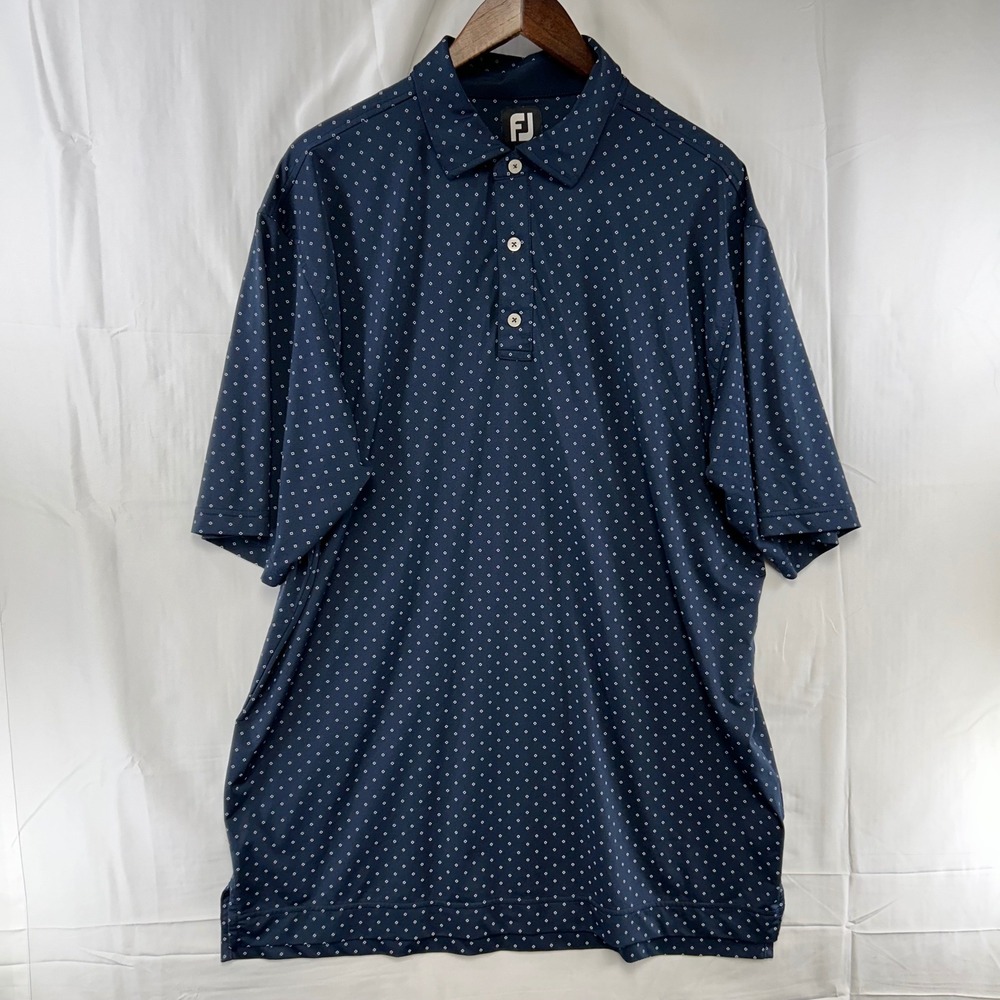 FootJoy Golf Polo Men XL Navy Blue Geometric Diamond Print Short Sleeve Stretch